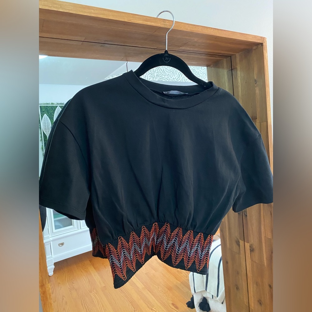 Zara Boho Black Short Sleeve Crop Top Size S - Good Condition